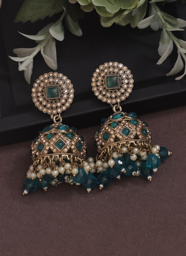     Teal Blue Party Wear Kundan Earrings 